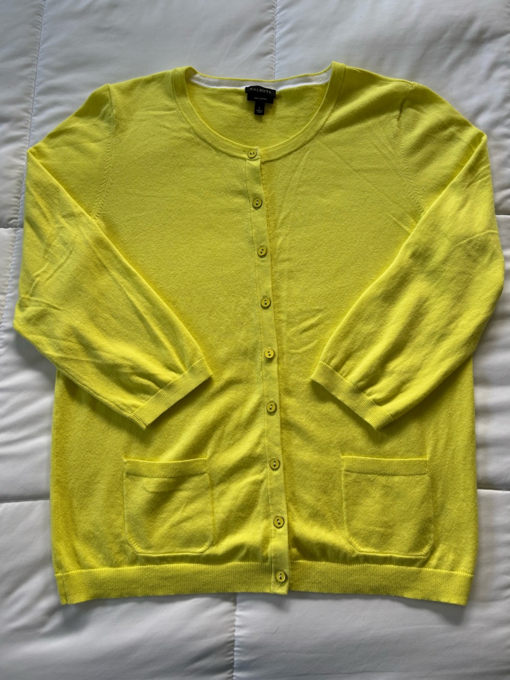Talbots Pima Cotton Chartreuse Yellow Button Front Cardigan Sweater Large